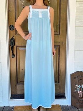 Vintage Van Roalte Light Blue Lace-Trim Maxi Slip Dress